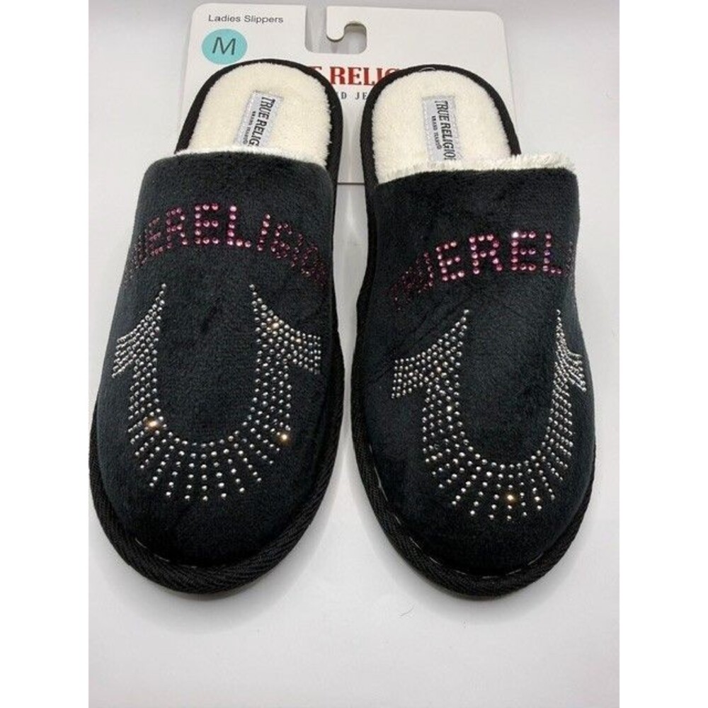 True Religion Women's Slippers Size Medium Black Rhinestone Memory Foam New